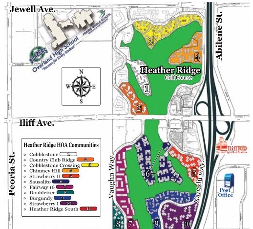 Map of Heather Ridge with Golf Course, HOA communities, and local roads.